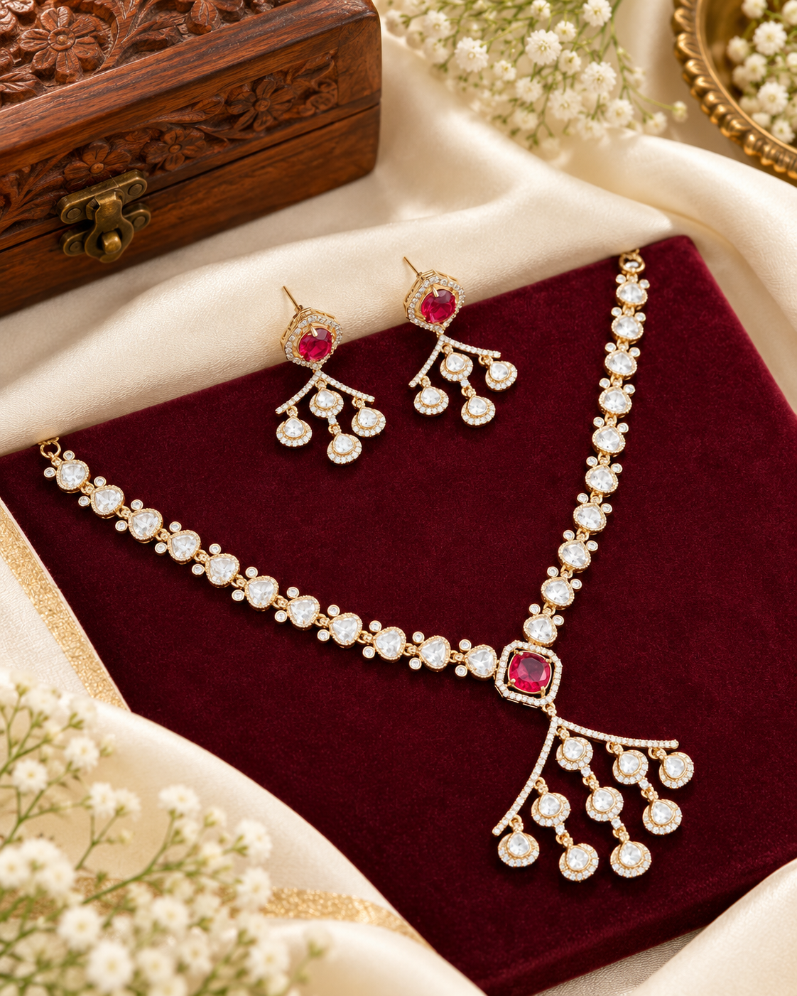 Minimalist Stone-Studded Ethnic Necklace Set with Drop Earrings