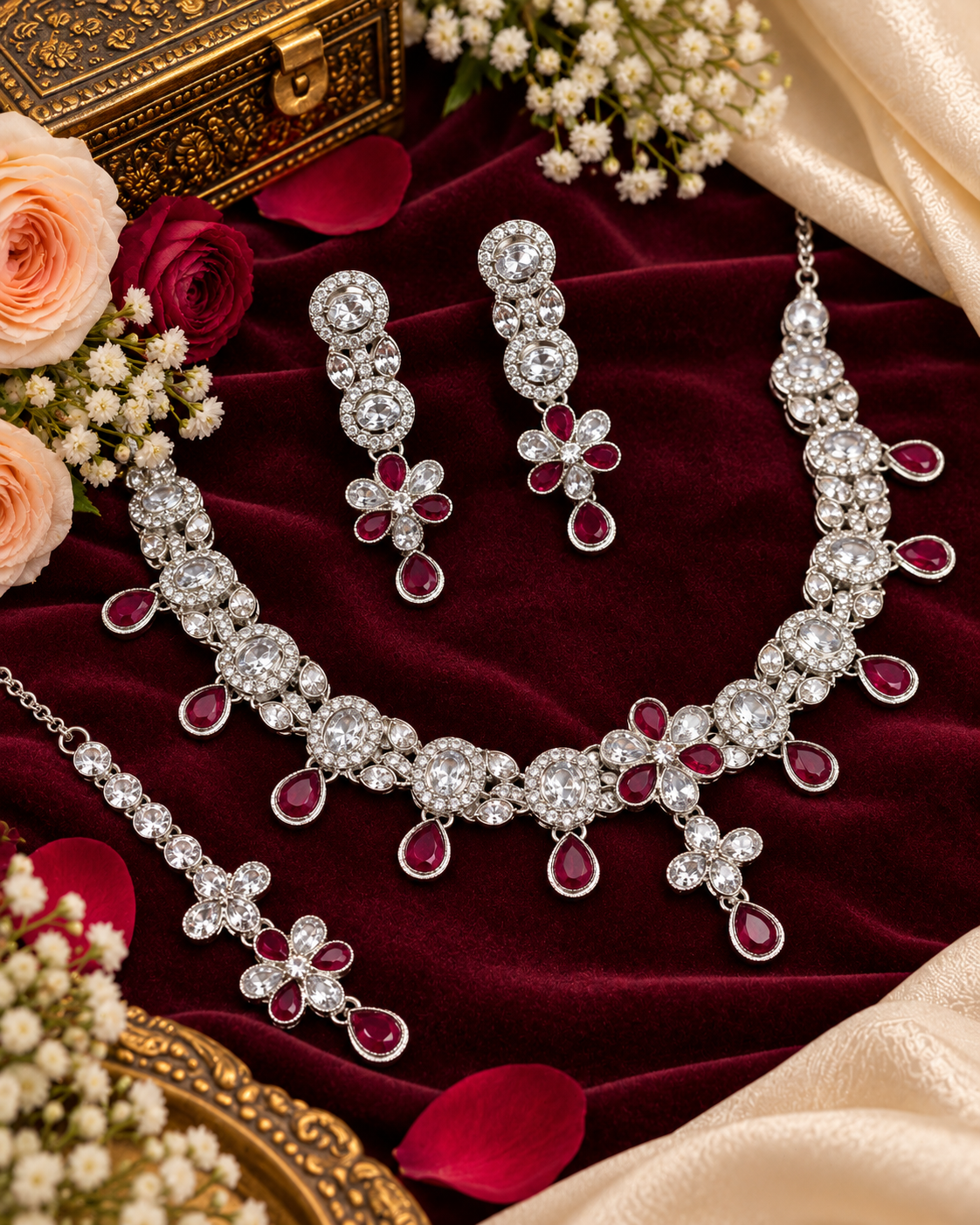 Floral Choker CZ Necklace Set with Maang Tikka & Earrings