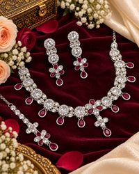 Floral Choker CZ Necklace Set with Maang Tikka & Earrings