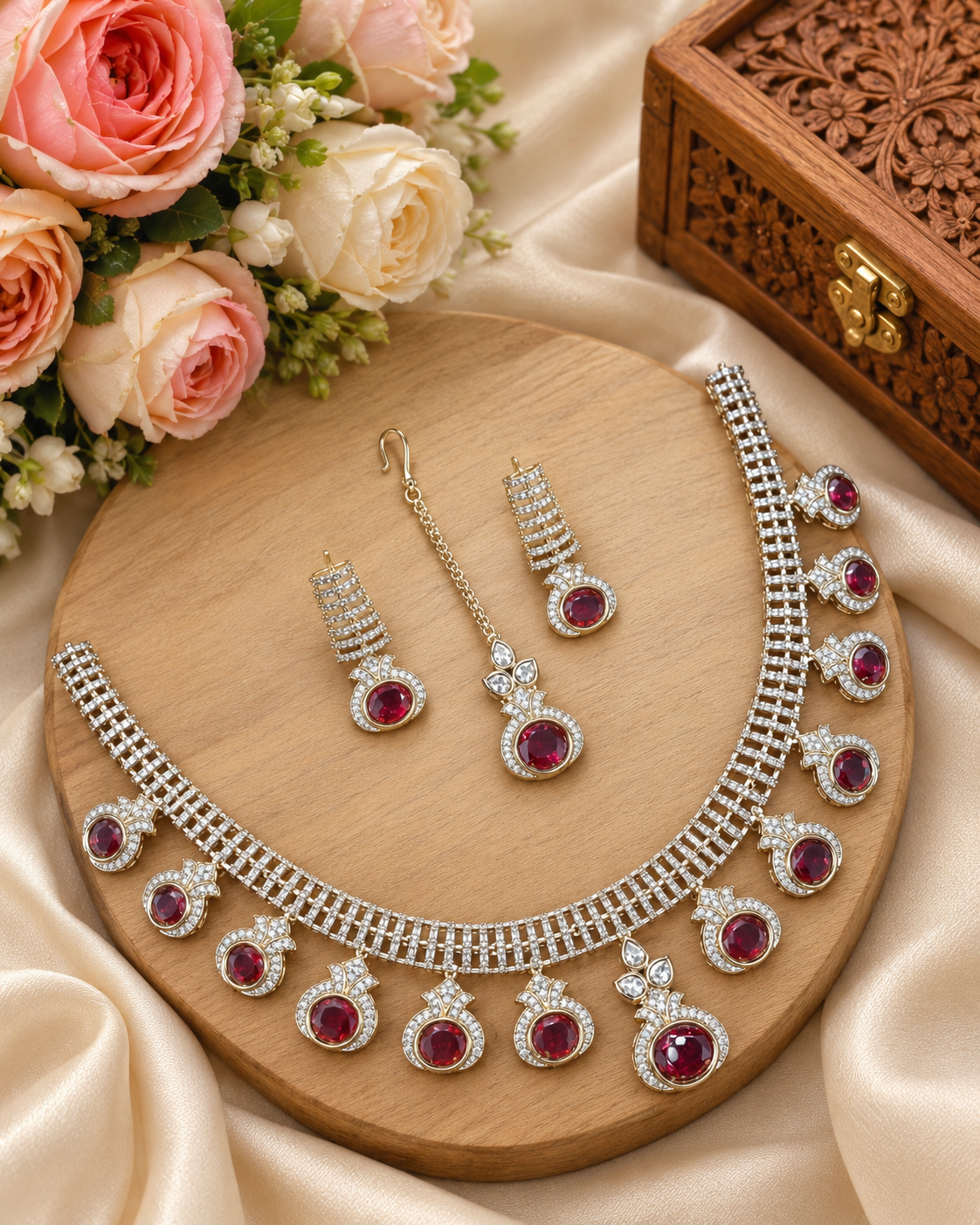 Modern Stone Choker Necklace Set with Matching Earrings & Maang Tikka