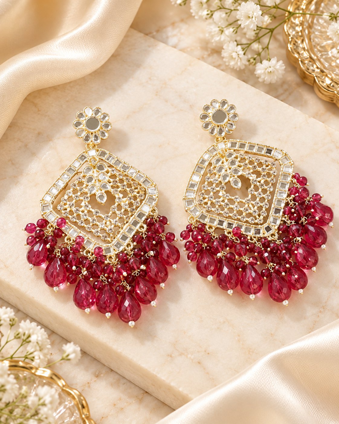 Square Emerald Green Crystal  Kundan Drop Earrings Gold Plated Jali Work Dangles