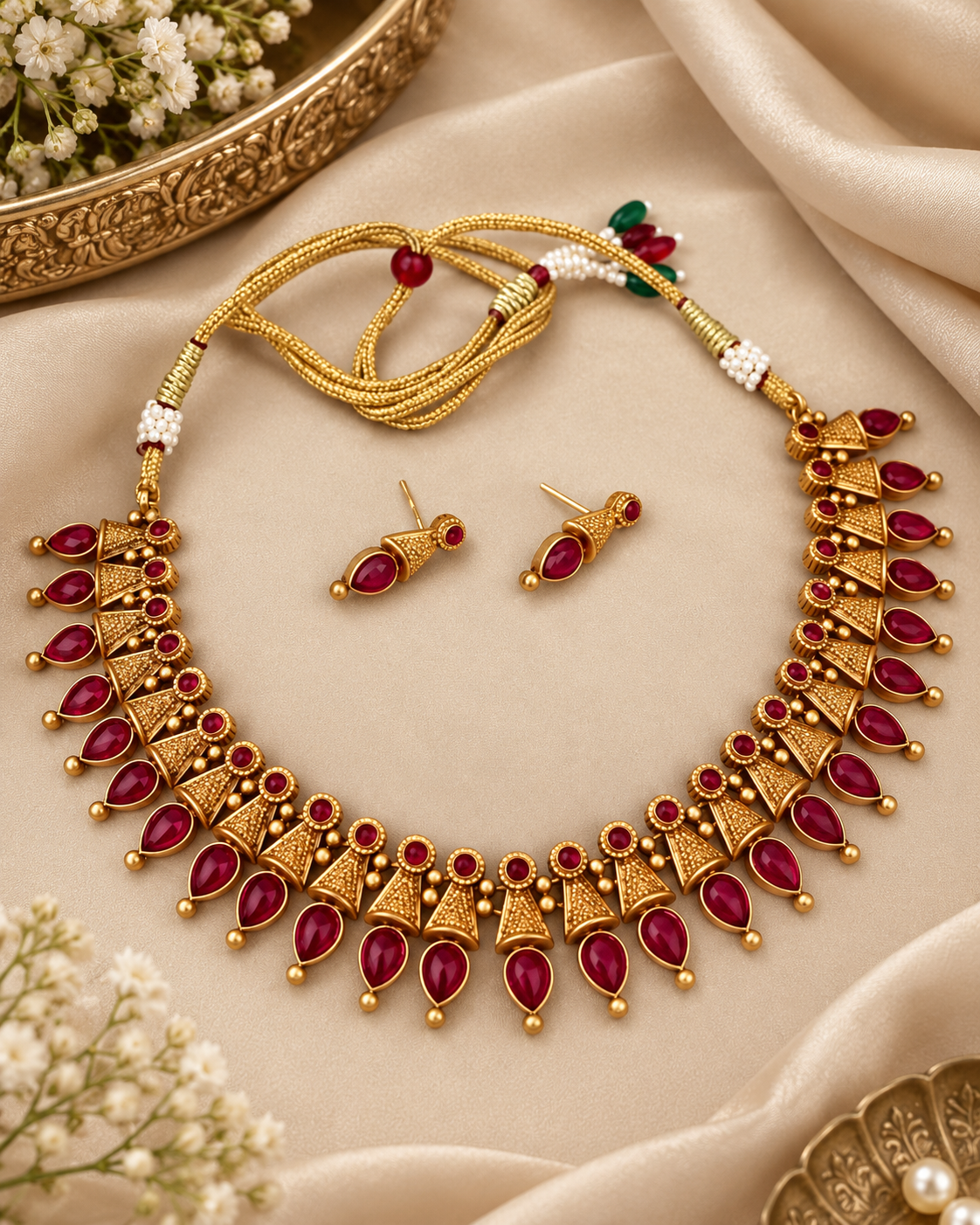 Traditional Jasmine Bud Temple Choker with Ruby Stones