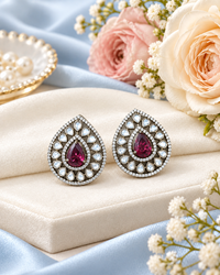 Teardrop Halo Stud Earrings with Polki-Style Accents