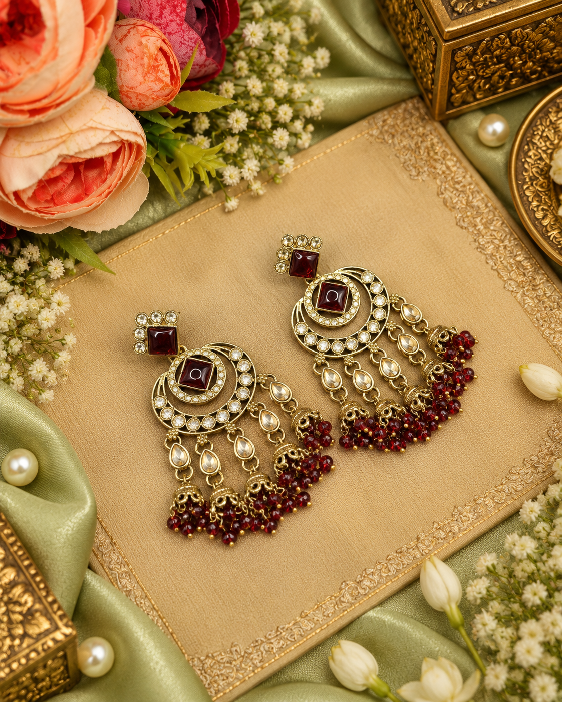 GEOMETRIC STONE-STUDDED CHANDBALI STATEMENT EARRINGS