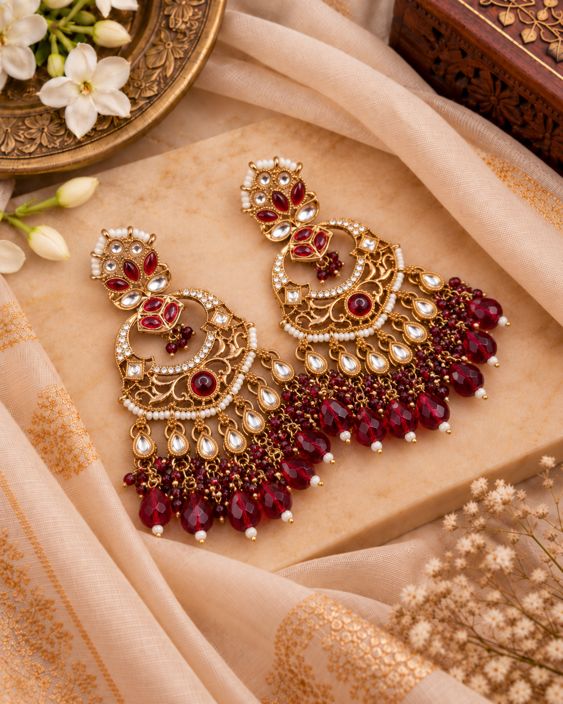 Grand Chandbali Statement Earrings with Bead Droplets