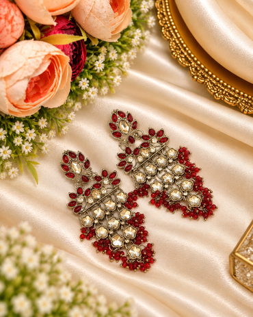 ANTIQUE GOLD TIERED CHANDELIER EARRINGS WITH CRYSTAL MOTIFS & PEARL DROPLETS