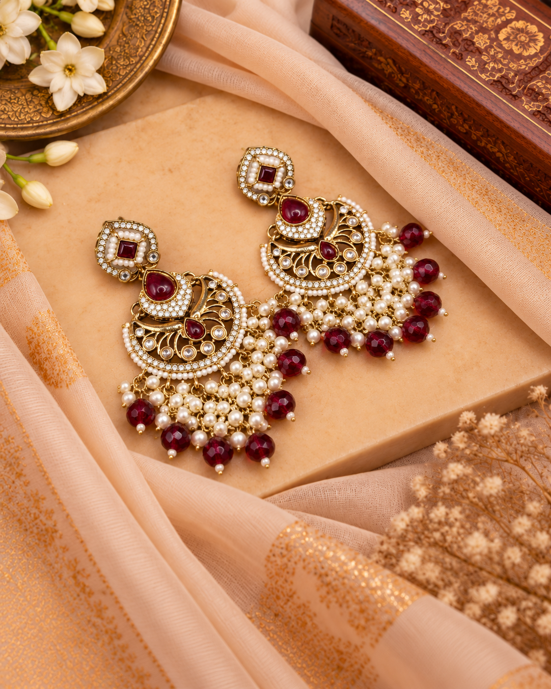 Statement Chandbali Earrings with Pearl & Bead Drops