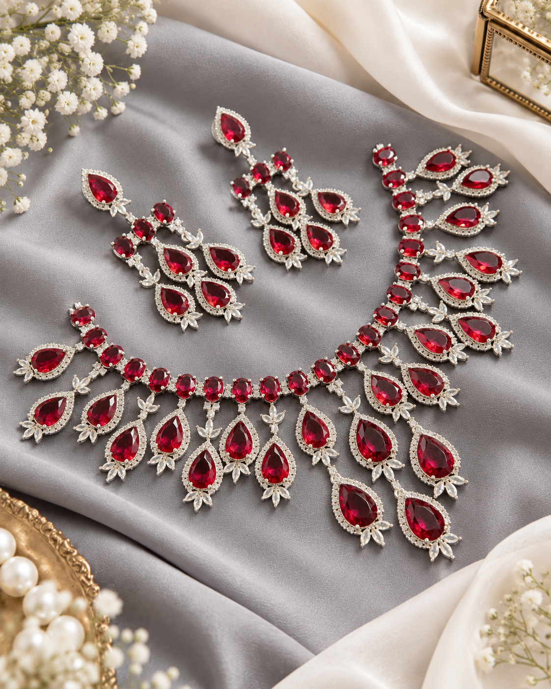 Ruby Pink & American Diamond Cascading Necklace Set