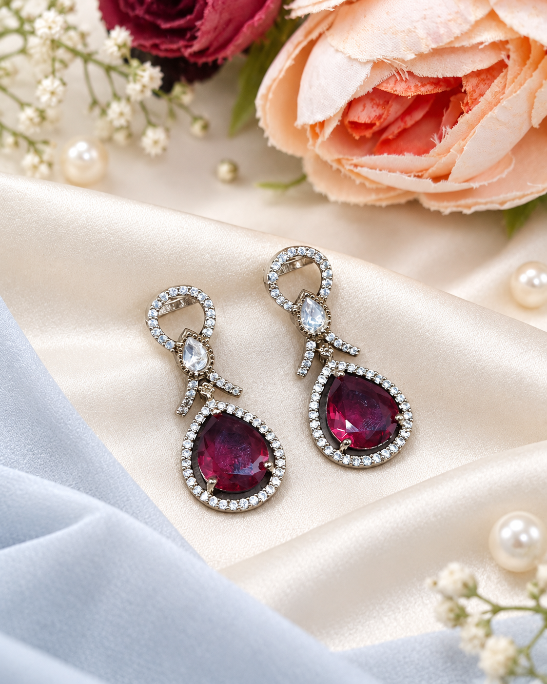 Elegant Teardrop Halo Drop Earrings with Pavé Ribbon Accents