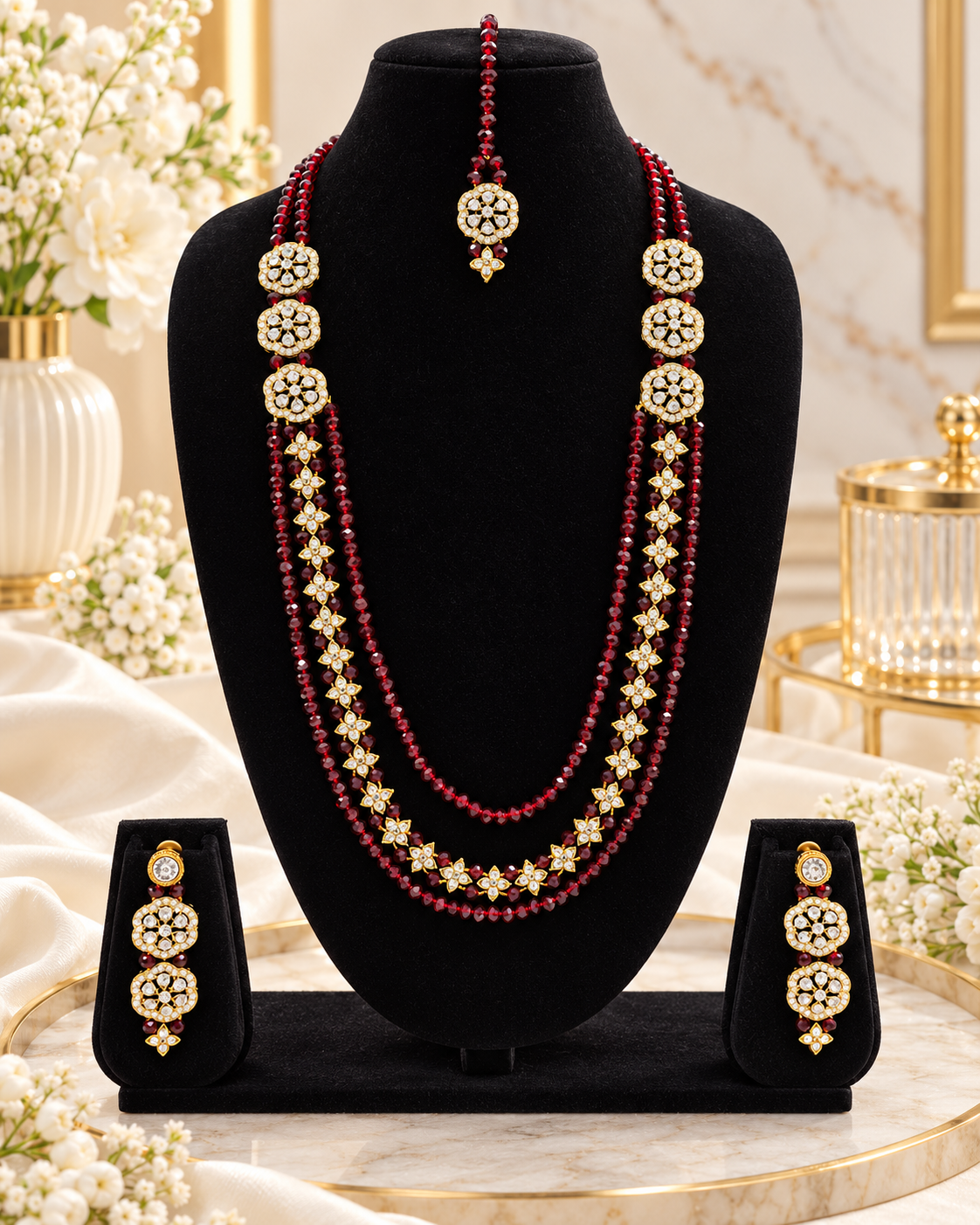 Elegant Crystal Rani Haar Jewellery Set with Matching Floral Drop Earrings and Tikka