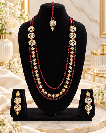 Elegant Crystal Rani Haar Jewellery Set with Matching Floral Drop Earrings and Tikka