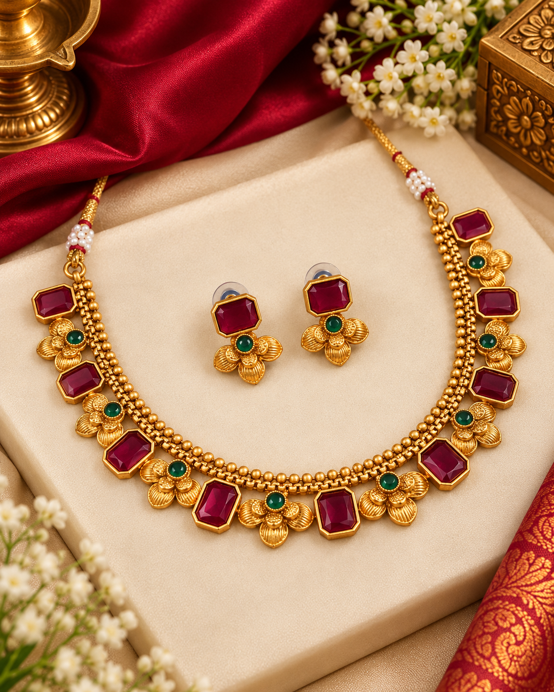 Ethnic Matte Gold Green Stone Choker Set