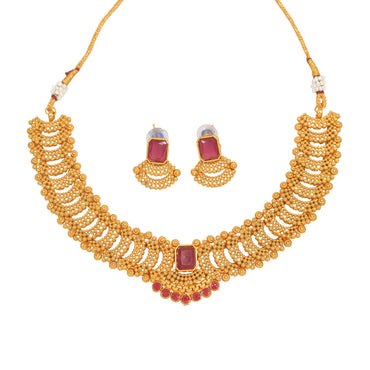 Fashionable Gold Toned Square Shape Ruby Colour Stone Studded Choker Temple Necklace With Matching Earring For Women And Girls