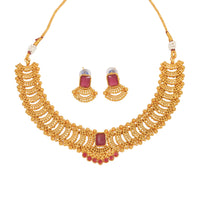 Fashionable Gold Toned Square Shape Ruby Colour Stone Studded Choker Temple Necklace With Matching Earring For Women And Girls