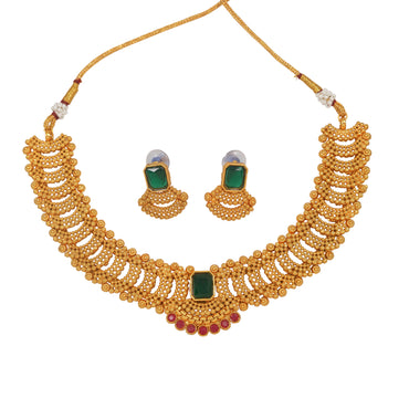 Fashionable Gold Toned Square Shape MG Colour Stone Studded Choker Temple Necklace With Matching Earring For Women And Girls