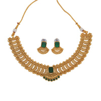 Fashionable Gold Toned Square Shape Green Stone Studded Choker Temple Necklace With Matching Earring For Women And Girls