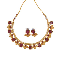 Fashionable Gold Plated Square Shape And Flower Design Temple Necklace With Earrings Jewellery Set For For Women And Girls