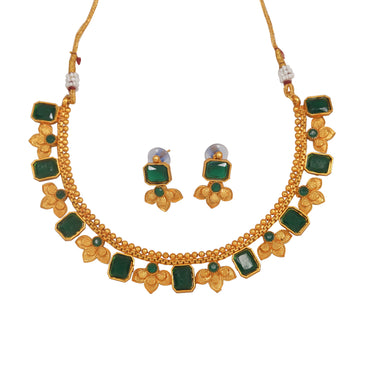 Fashionable Gold Plated Square Shape And Flower Design Temple Necklace With Earrings Jewellery Set For For Women And Girls