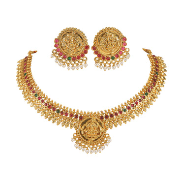South Indian Traditional Gold Plated Laxami Necklace Pearl Dropped Temple Jewellery Set With Earrings For Women And Girls
