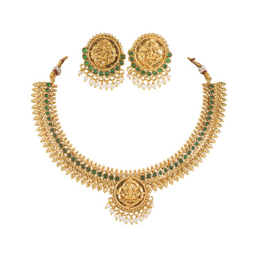 South Indian Traditional Gold Plated Laxami Necklace Pearl Dropped Temple Jewellery Set With Earrings For Women And Girls