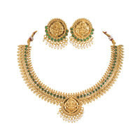 South Indian Traditional Gold Plated Laxami Necklace Pearl Dropped Temple Jewellery Set With Earrings For Women And Girls