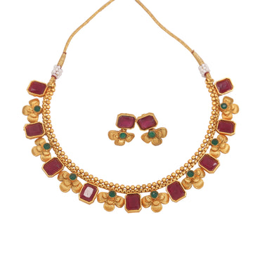 Fashionable Gold Plated Square Shape And Flower Design Temple Necklace With Earrings Jewellery Set For For Women And Girls