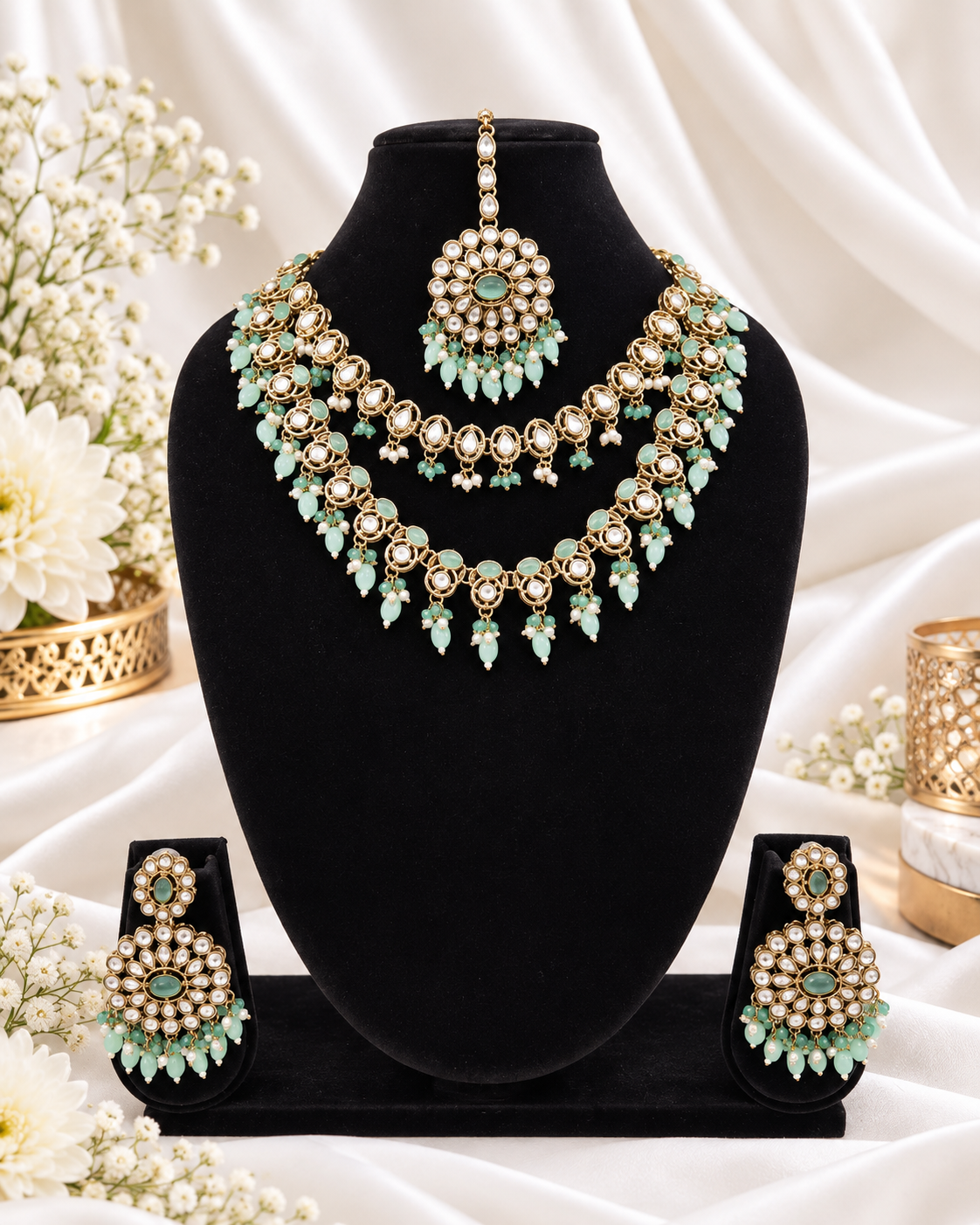 Royal Blue Layered Necklace Set Round Earrings & Maang Tikka
