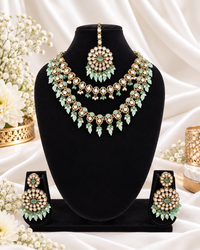 Royal Blue Layered Necklace Set Round Earrings & Maang Tikka