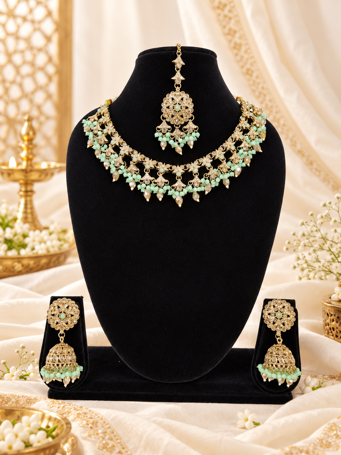 Traditional Floral Choker Necklace set With Earrings & Maang Tikka