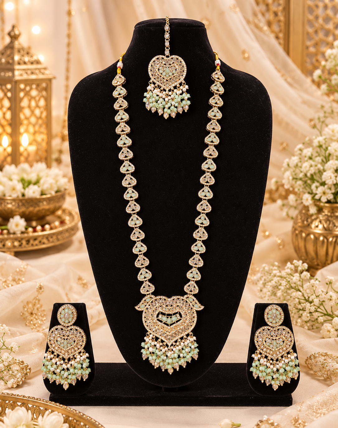 Lavender Purple Heart Shaped Long Necklace Set with Earrings & Maang Tikka