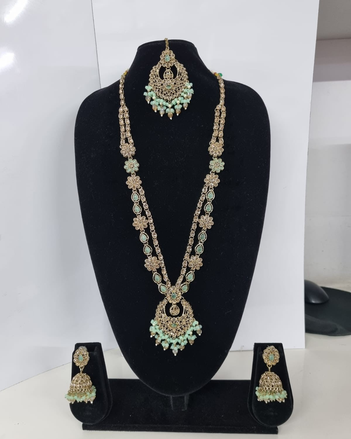 Rose Petal Pink Stone Long Necklace Set with Jhumkas