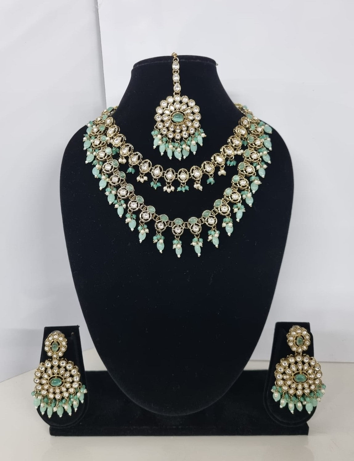 Royal Blue Layered Necklace Set Round Earrings & Maang Tikka