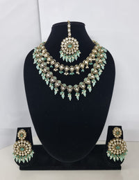 Royal Blue Layered Necklace Set Round Earrings & Maang Tikka