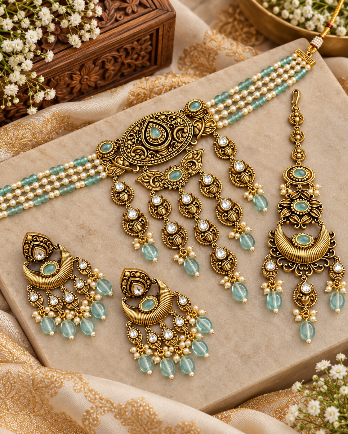 Antique Choker Set with Earrings & Maang Tikka