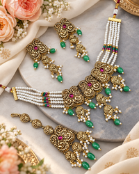 Antique Gold Pearl Strand Choker Necklace Set with Earrings & Maangtikka