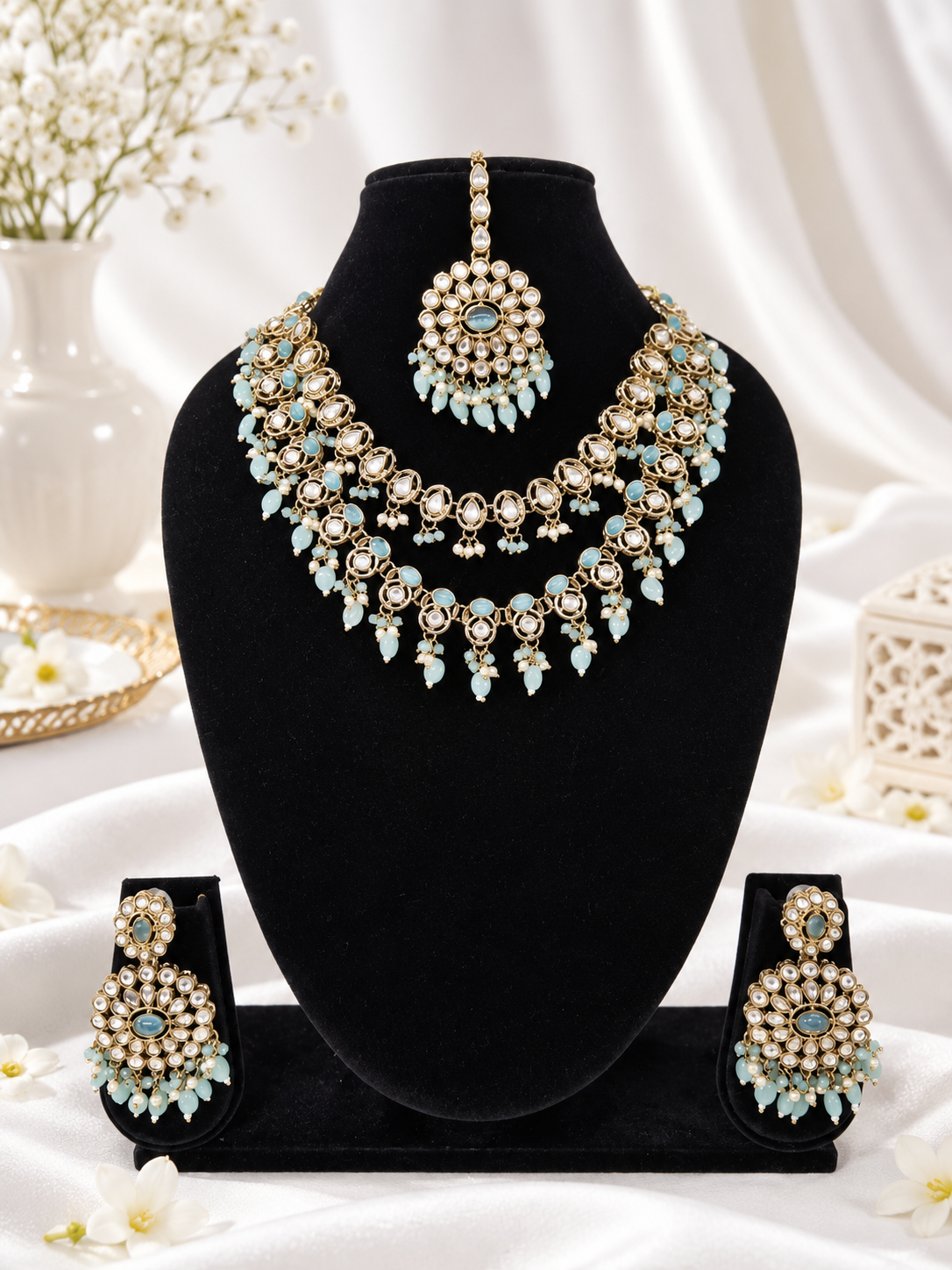 Royal Blue Layered Necklace Set Round Earrings & Maang Tikka