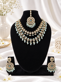 Royal Blue Layered Necklace Set Round Earrings & Maang Tikka