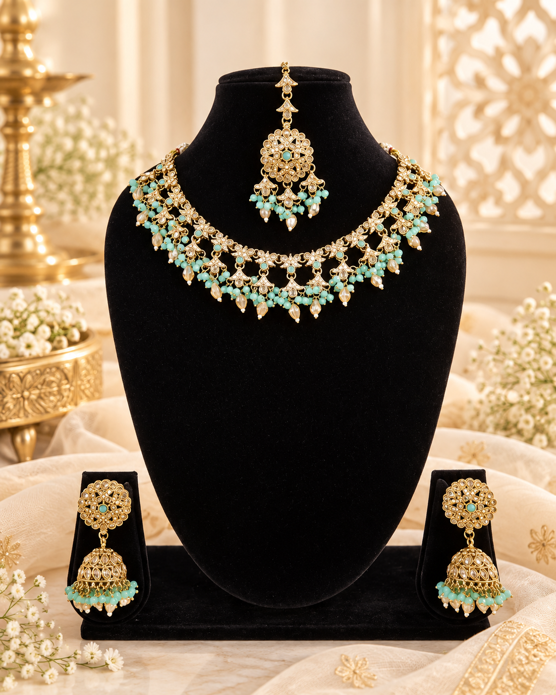 Traditional Floral Choker Necklace set With Earrings & Maang Tikka