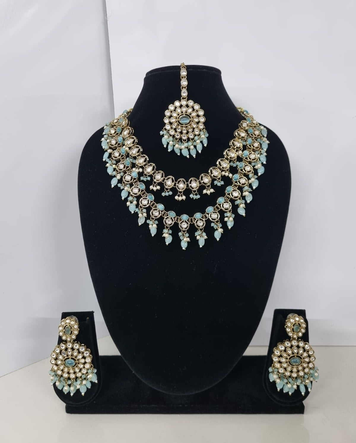 Royal Blue Layered Necklace Set Round Earrings & Maang Tikka