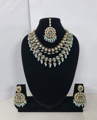 Royal Blue Layered Necklace Set Round Earrings & Maang Tikka