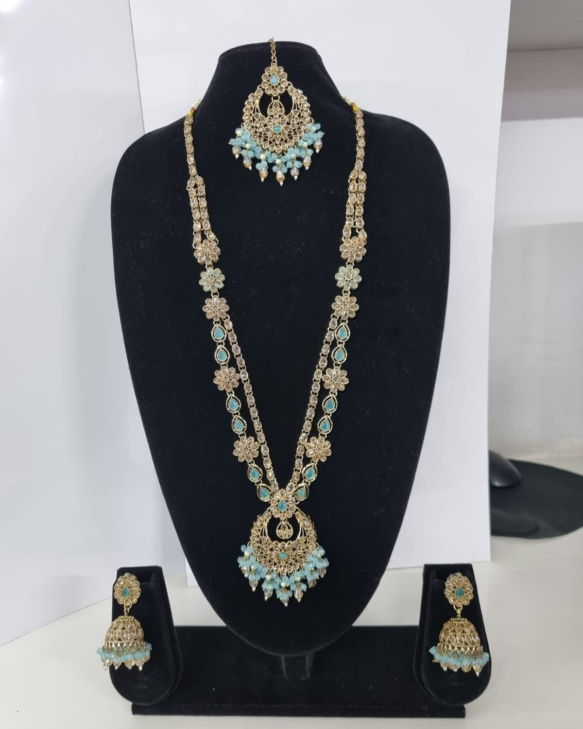 Rose Petal Pink Stone Long Necklace Set with Jhumkas