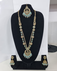 Rose Petal Pink Stone Long Necklace Set with Jhumkas