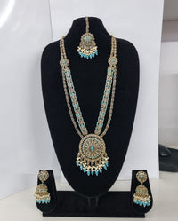 Traditional Pastel Sea Green Long Necklace Set with Jhumkas