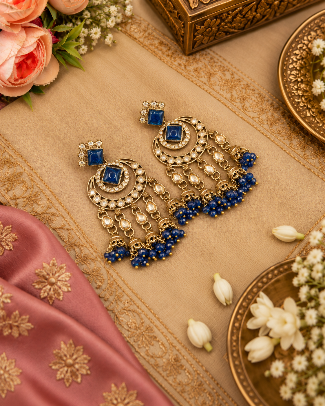GEOMETRIC STONE-STUDDED CHANDBALI STATEMENT EARRINGS