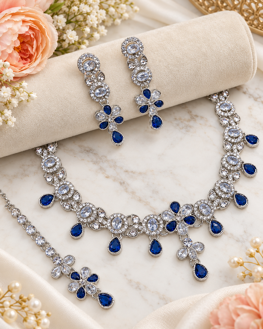 Floral Choker CZ Necklace Set with Maang Tikka & Earrings