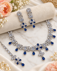 Floral Choker CZ Necklace Set with Maang Tikka & Earrings