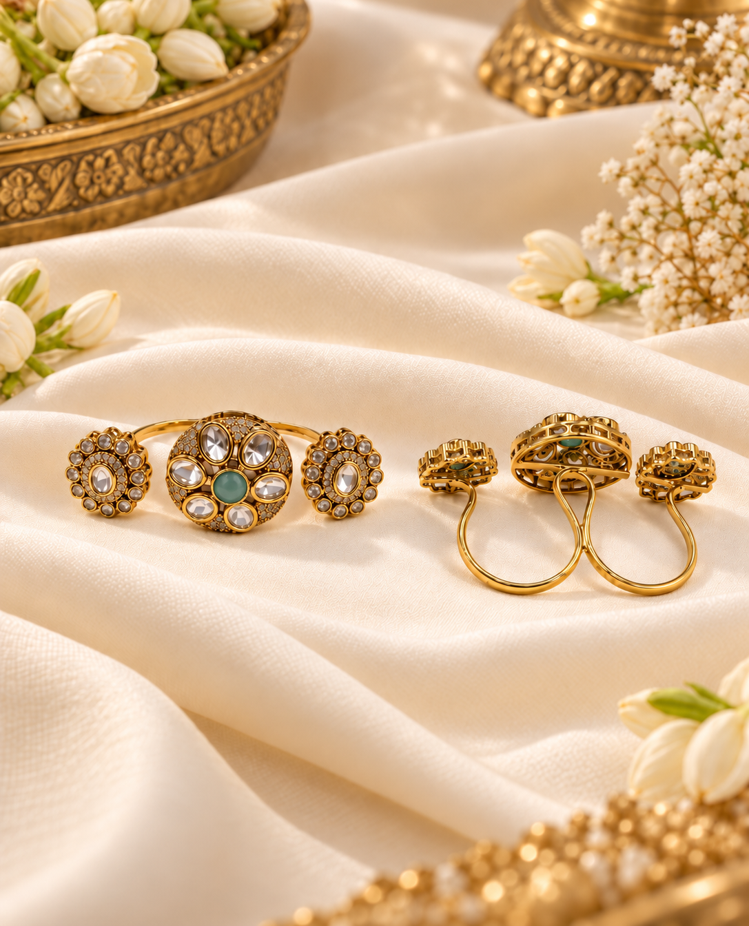 Floral Three-Finger Kundan Ring