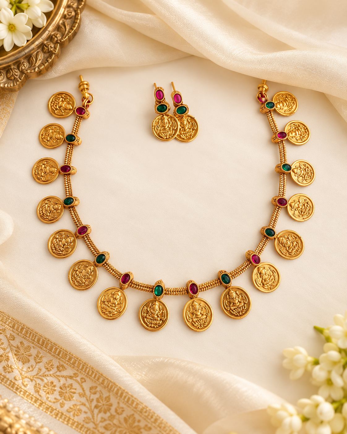 Elegant Pearl Accent Lakshmi Kasu Mala Necklace Set