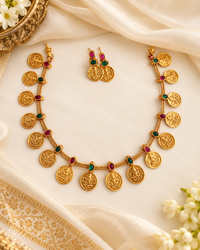 Elegant Pearl Accent Lakshmi Kasu Mala Necklace Set