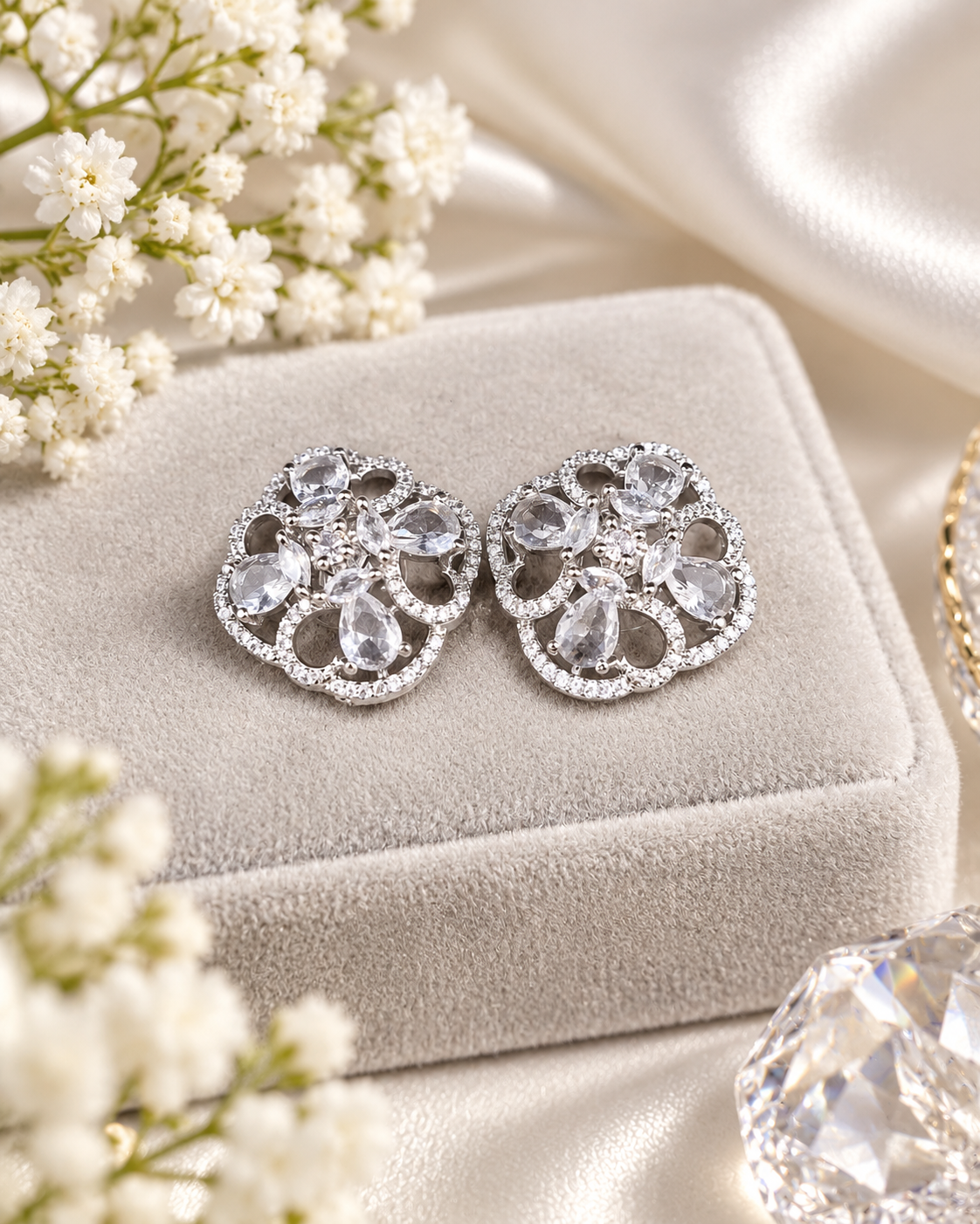 Floral American Diamond Statement Stud Earrings